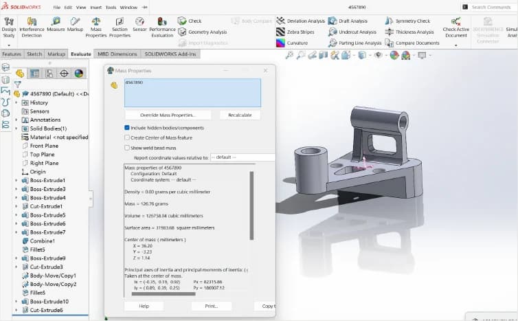 SolidWorks geometry, feature history, and mass properties.