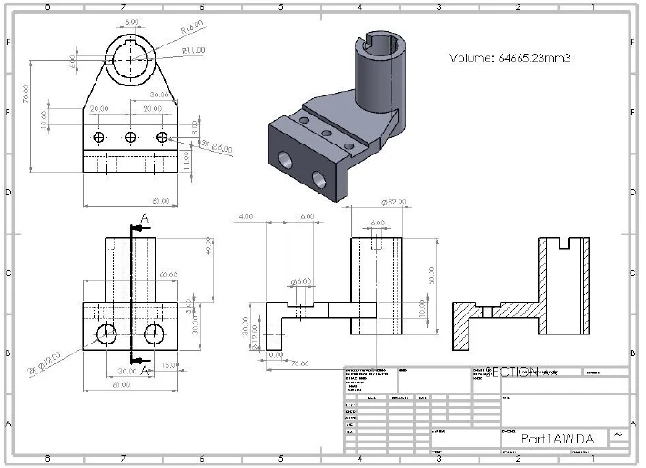 Dimensioned views and a section drawing of a mechanical part.