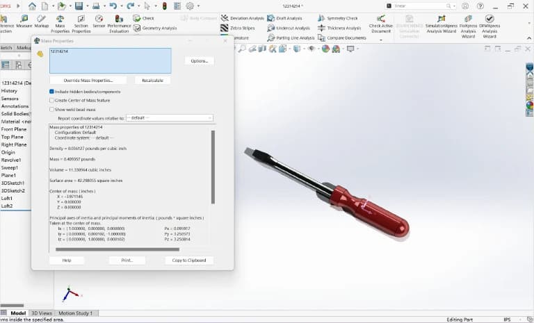 A modeled handle and shaft with material and mass-property inspection.