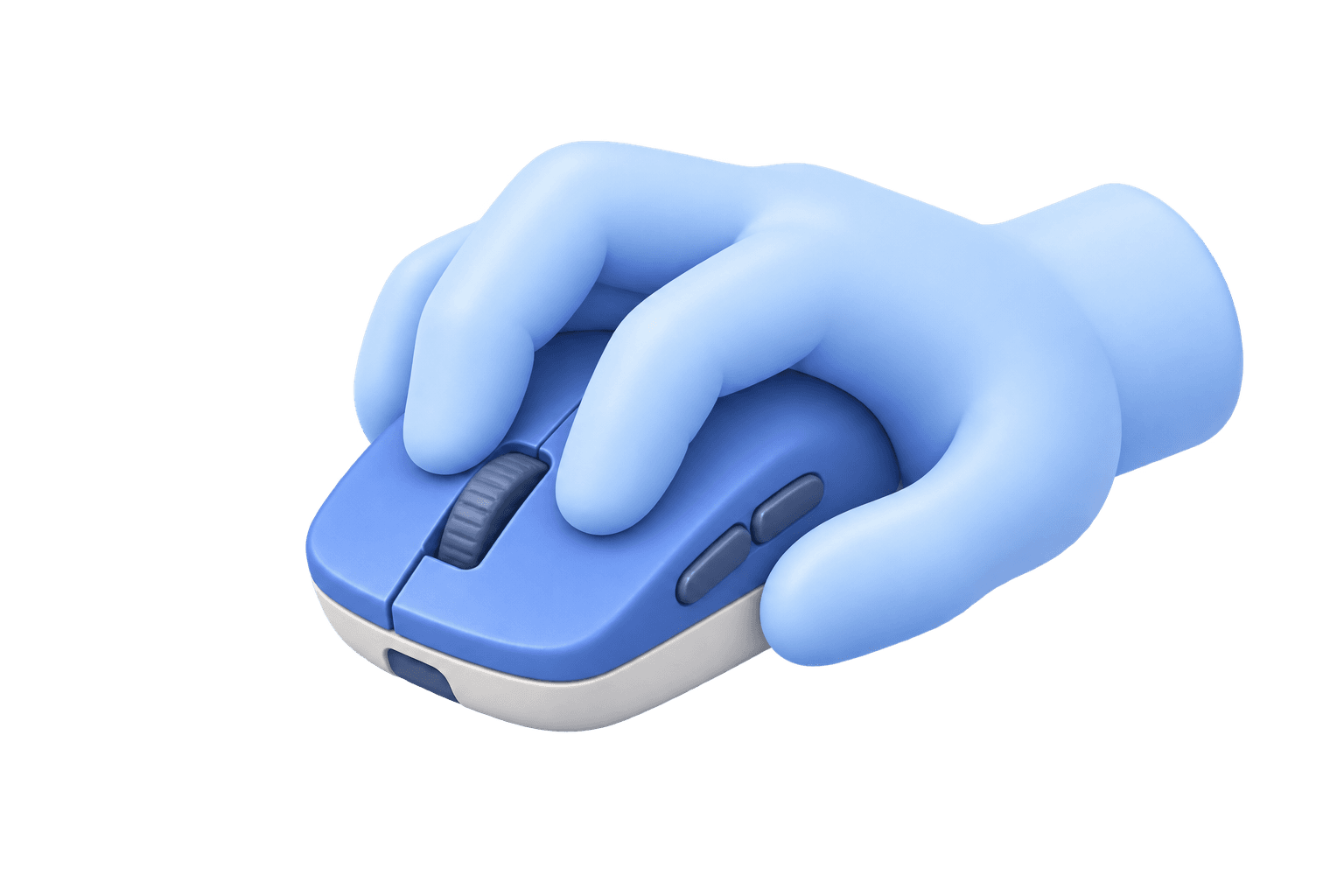 Stylized blue mouse and smooth mannequin hand showing a two-finger claw grip